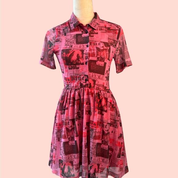 Urban Outfitters Neon Pink Medium Newsprint Sheer/ Lined dress Euro Summer - Picture 2 of 9